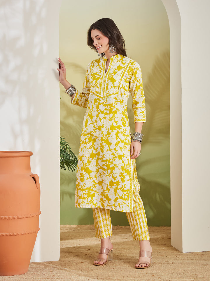 Divena Floral Print Straight Fit Pure Cotton Yellow Kurta with Trousers