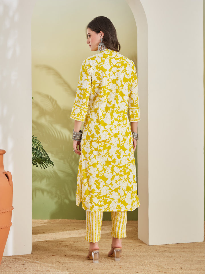 Divena Floral Print Straight Fit Pure Cotton Yellow Kurta with Trousers