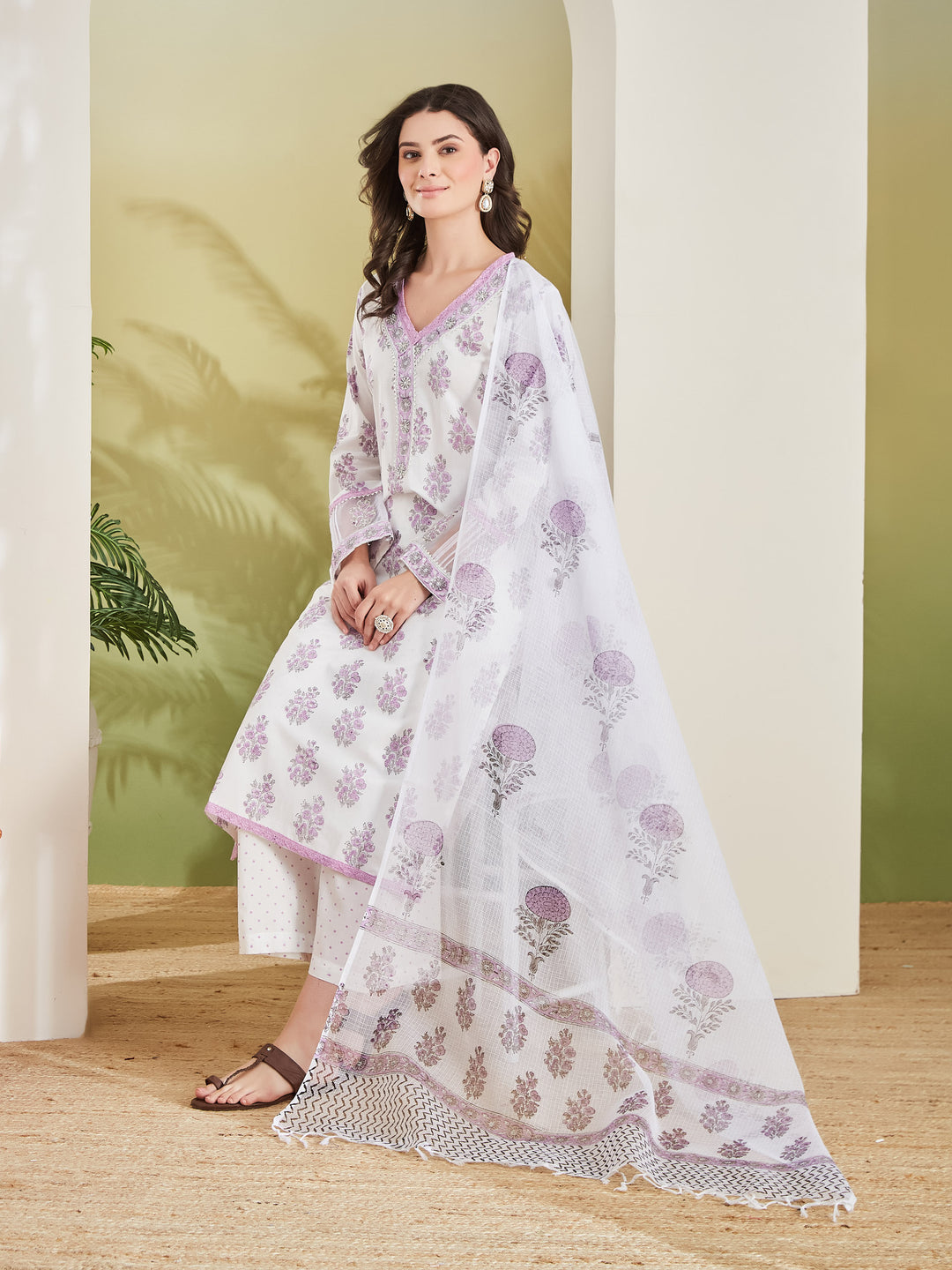 Divena Hand block Pure Cotton White & Lavender Kurta with Palazzos & Kota Doria Dupatta