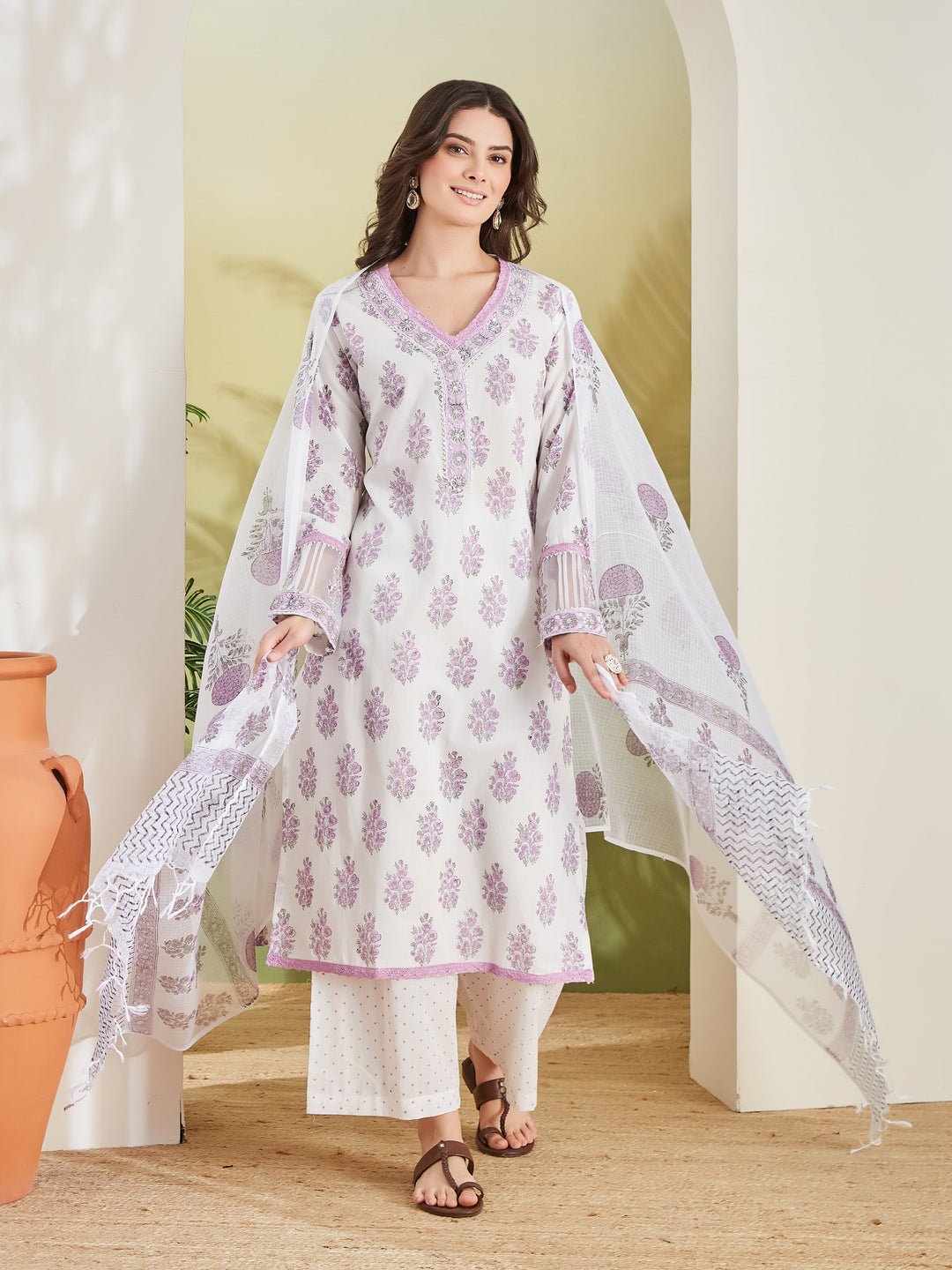 Divena Hand block Pure Cotton White & Lavender Kurta with Palazzos & Kota Doria Dupatta
