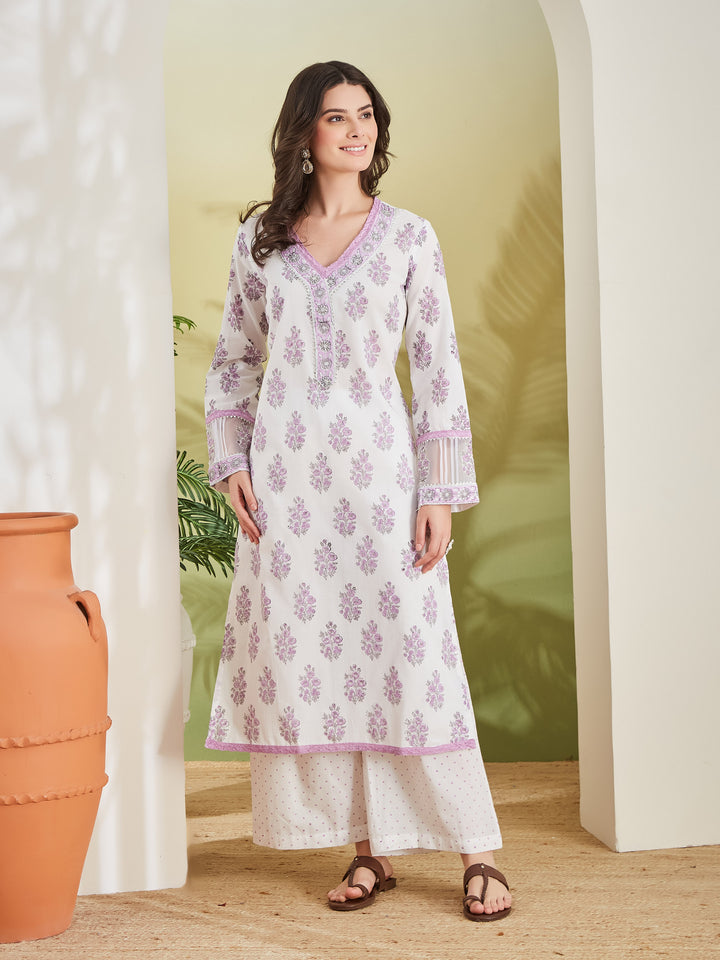 Divena Hand block Pure Cotton White & Lavender Kurta with Palazzos & Kota Doria Dupatta