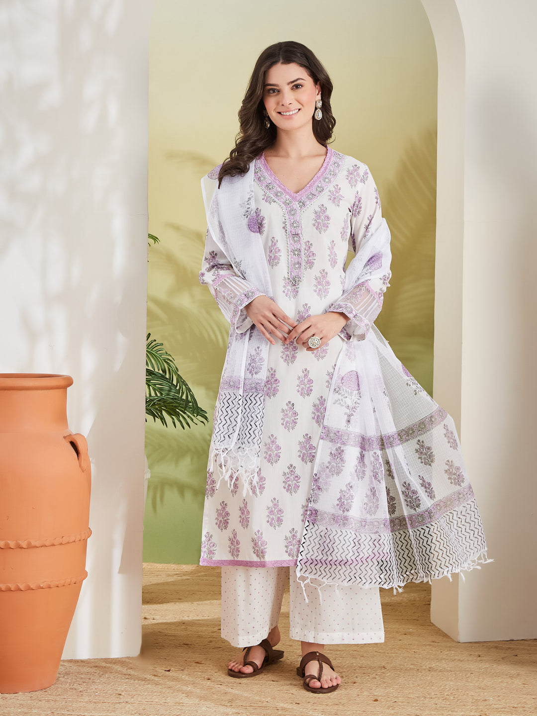 Divena Hand block Pure Cotton White & Lavender Kurta with Palazzos & Kota Doria Dupatta