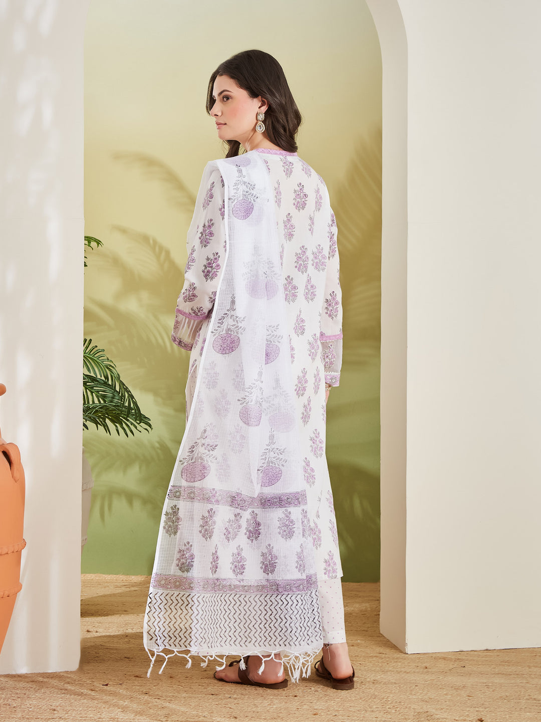 Divena Hand block Pure Cotton White & Lavender Kurta with Palazzos & Kota Doria Dupatta