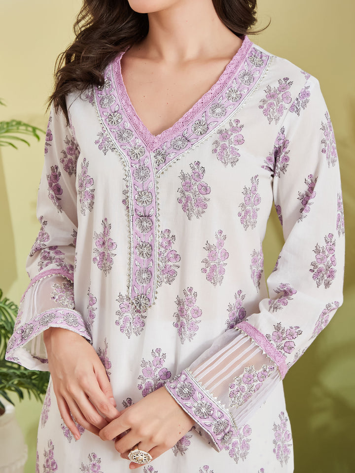 Divena Hand block Pure Cotton White & Lavender Kurta with Palazzos & Kota Doria Dupatta