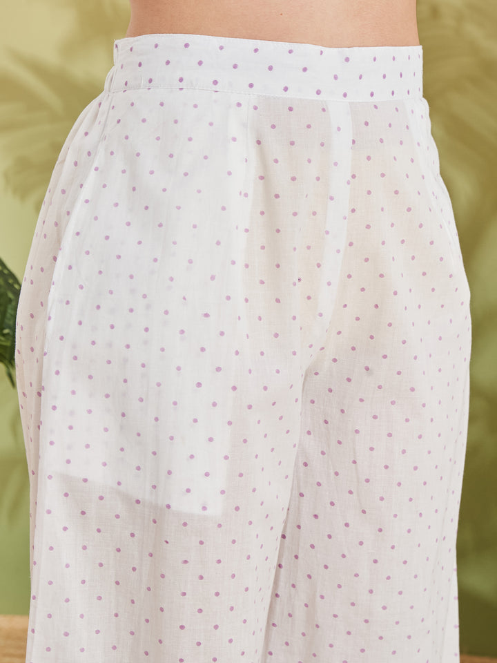 Divena Hand block Pure Cotton White & Lavender Kurta with Palazzos & Kota Doria Dupatta