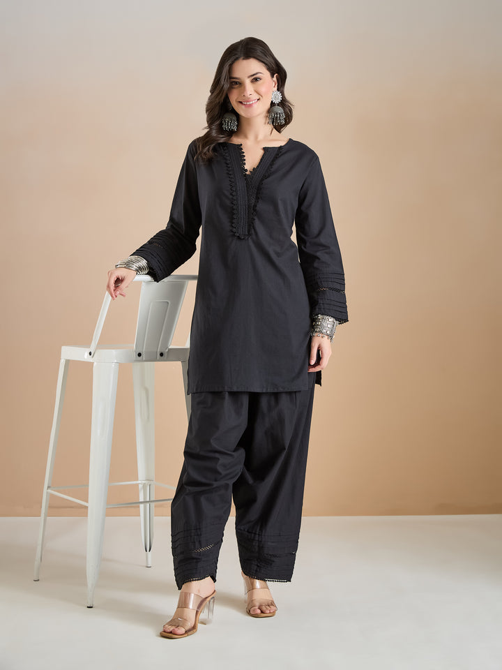 Divena Pure Cotton Straight Fit Black Kurti with Farshi Salwar