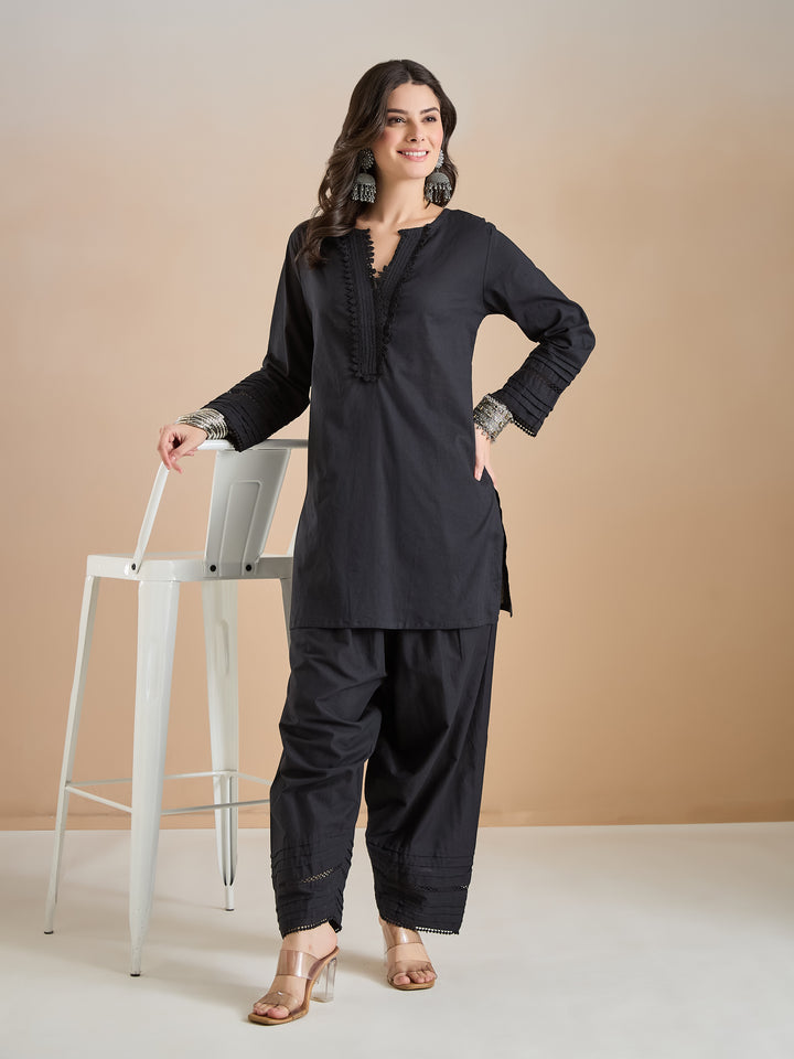 Divena Pure Cotton Straight Fit Black Kurti with Farshi Salwar