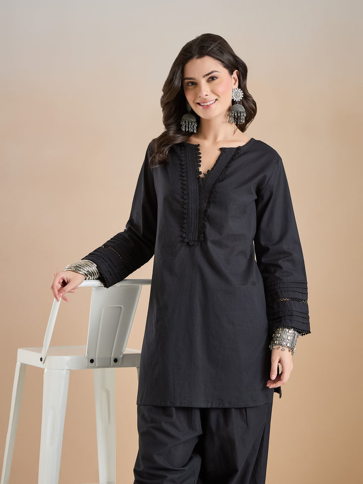 Divena Pure Cotton Straight Fit Black Kurti with Farshi Salwar