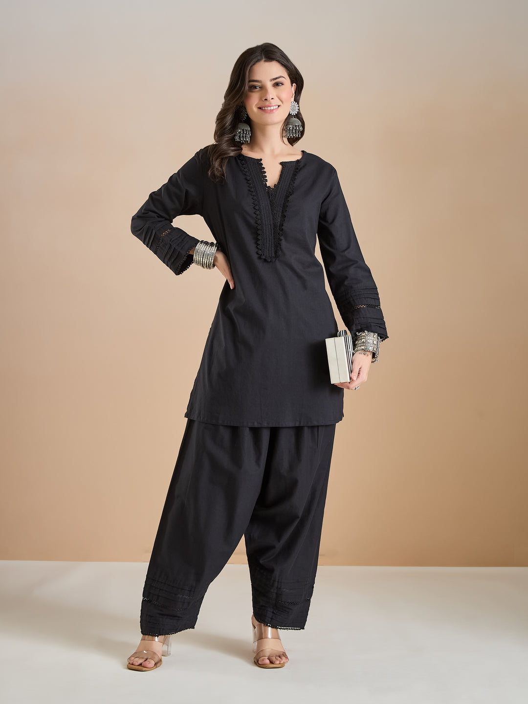 Divena Pure Cotton Straight Fit Black Kurti with Farshi Salwar
