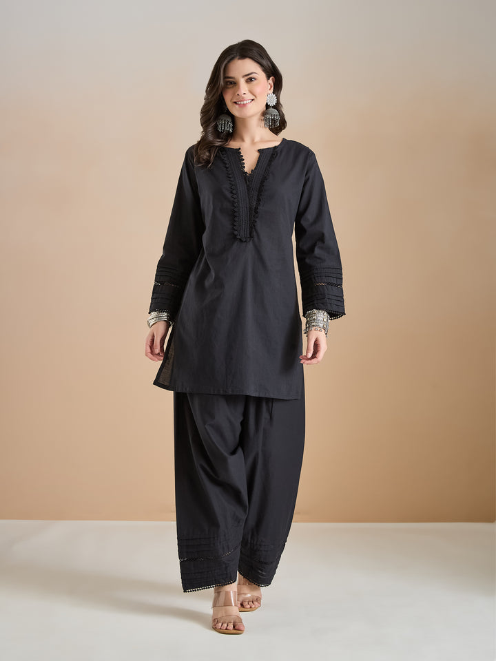 Divena Pure Cotton Straight Fit Black Kurti with Farshi Salwar