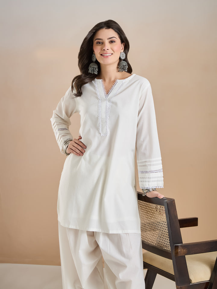Divena Pure Cotton Straight Fit White Kurti with Farshi Salwar