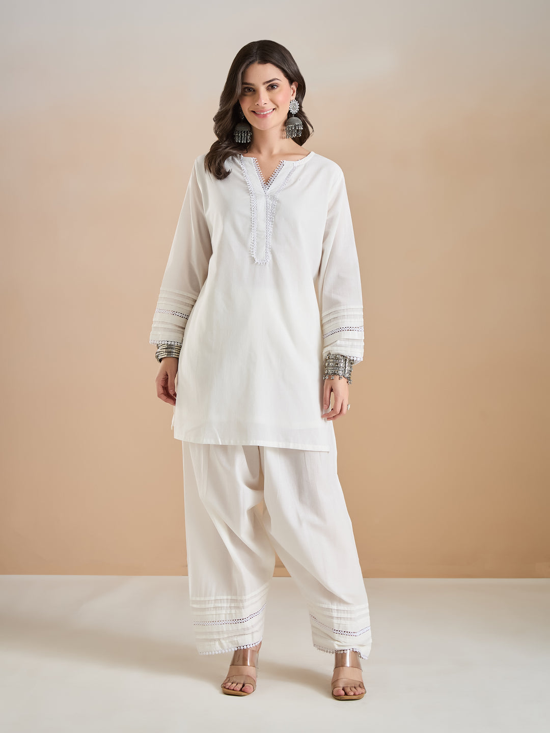 Divena Pure Cotton Straight Fit White Kurti with Farshi Salwar