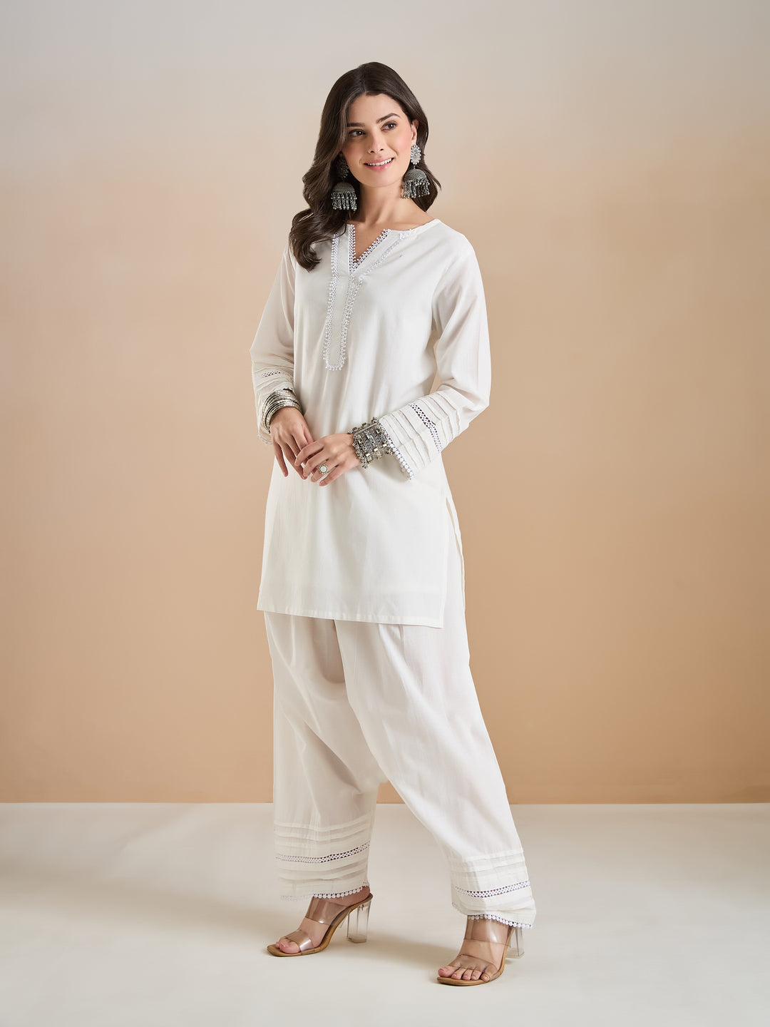 Divena Pure Cotton Straight Fit White Kurti with Farshi Salwar