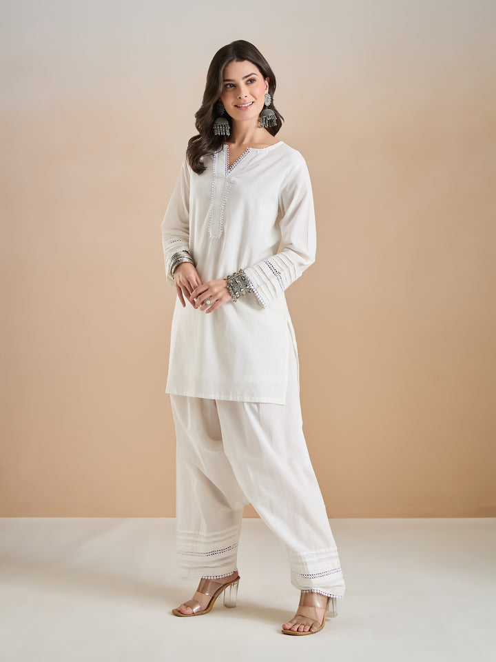 Divena Pure Cotton Straight Fit White Kurti with Farshi Salwar