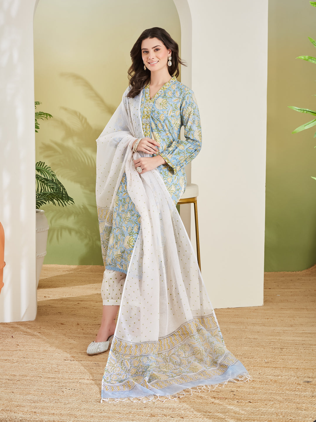 Divena Handblock Printed Pure Cotton Straight Fit Sky Blue Kurta With Trousers & Dupatta