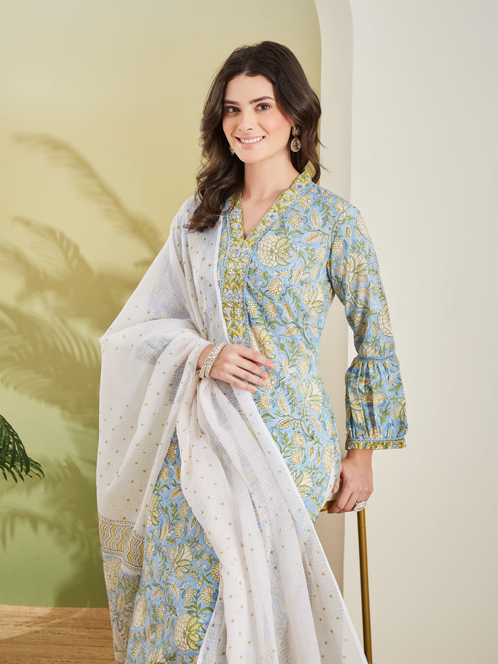 Divena Handblock Printed Pure Cotton Straight Fit Sky Blue Kurta With Trousers & Dupatta