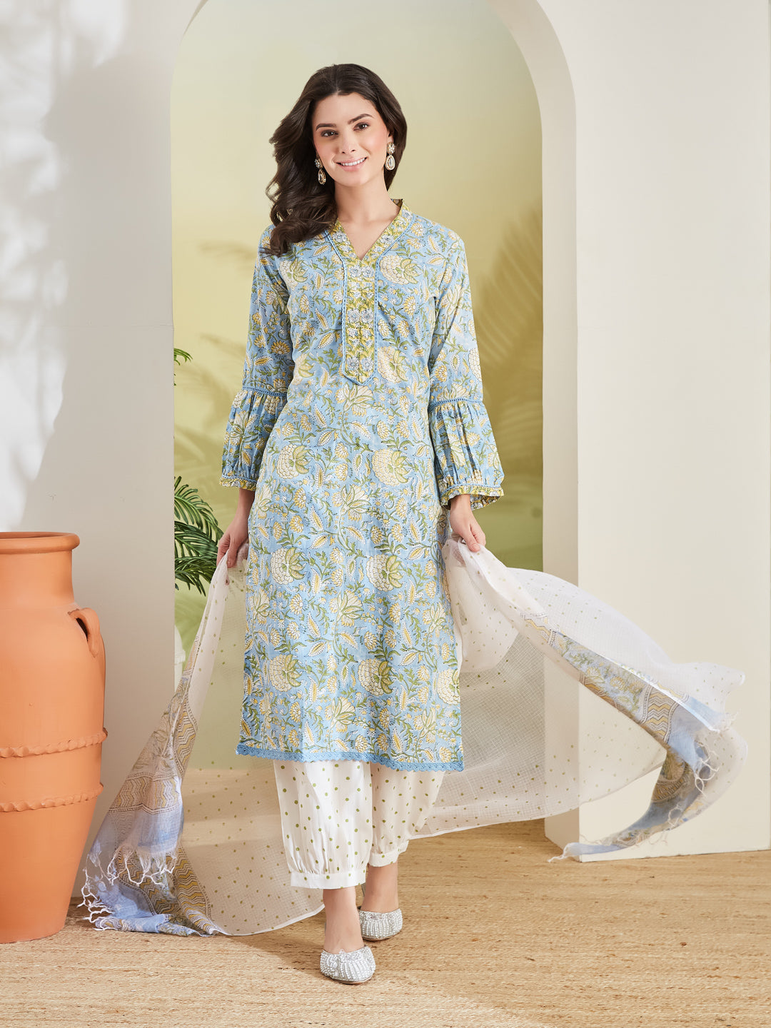 Divena Handblock Printed Pure Cotton Straight Fit Sky Blue Kurta With Trousers & Dupatta