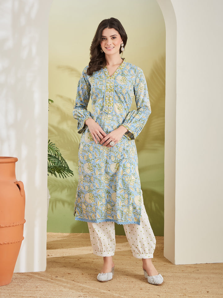 Divena Handblock Printed Pure Cotton Straight Fit Sky Blue Kurta With Trousers & Dupatta