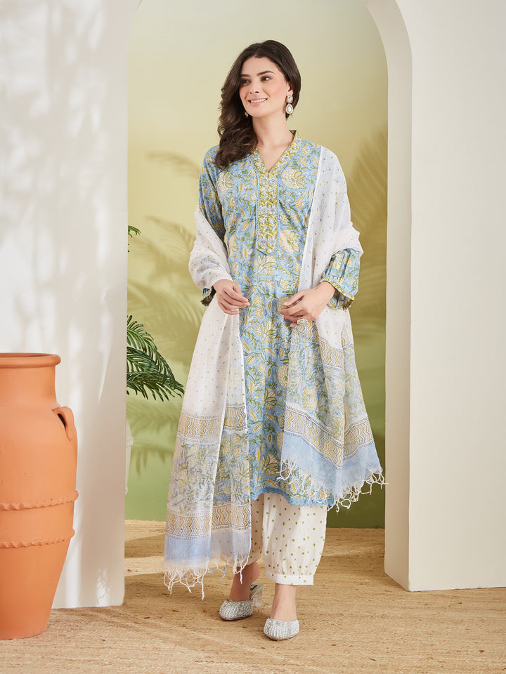 Divena Handblock Printed Pure Cotton Straight Fit Sky Blue Kurta With Trousers & Dupatta