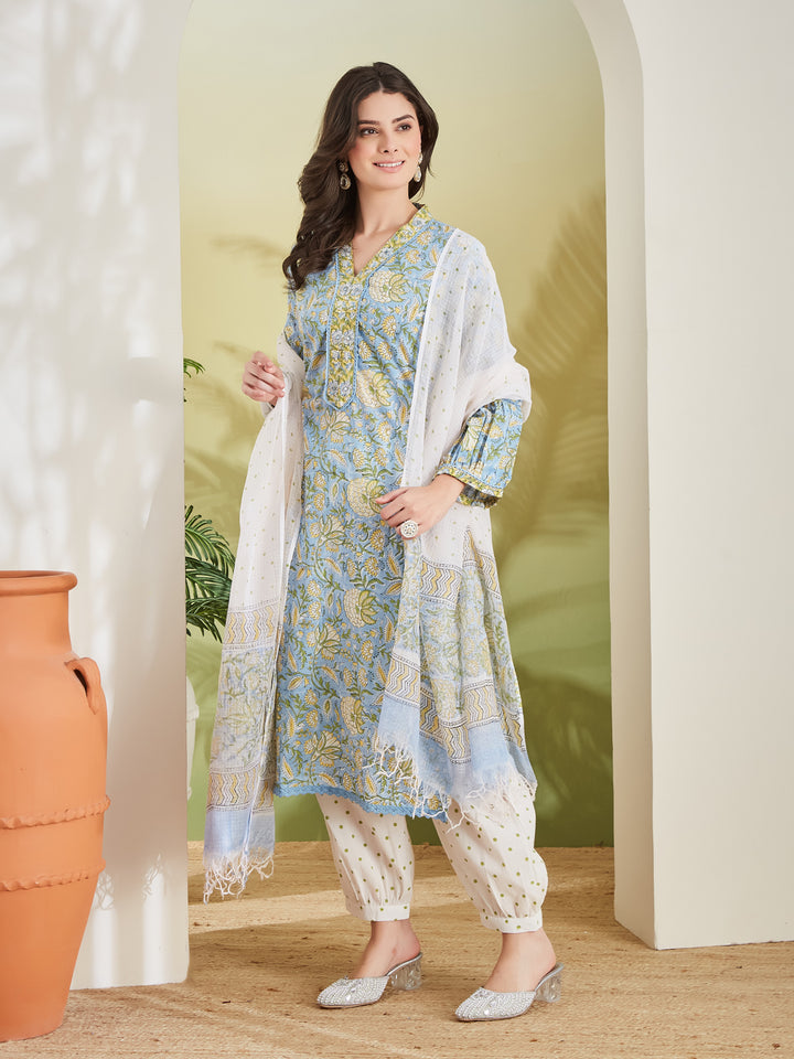 Divena Handblock Printed Pure Cotton Straight Fit Sky Blue Kurta With Trousers & Dupatta