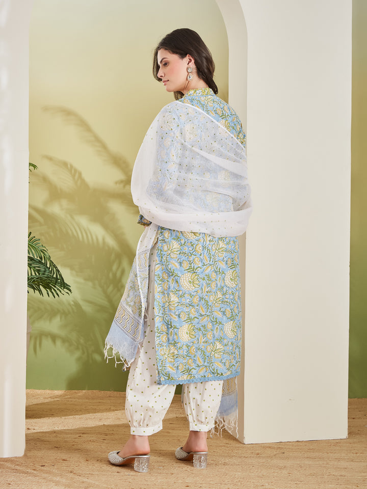Divena Handblock Printed Pure Cotton Straight Fit Sky Blue Kurta With Trousers & Dupatta