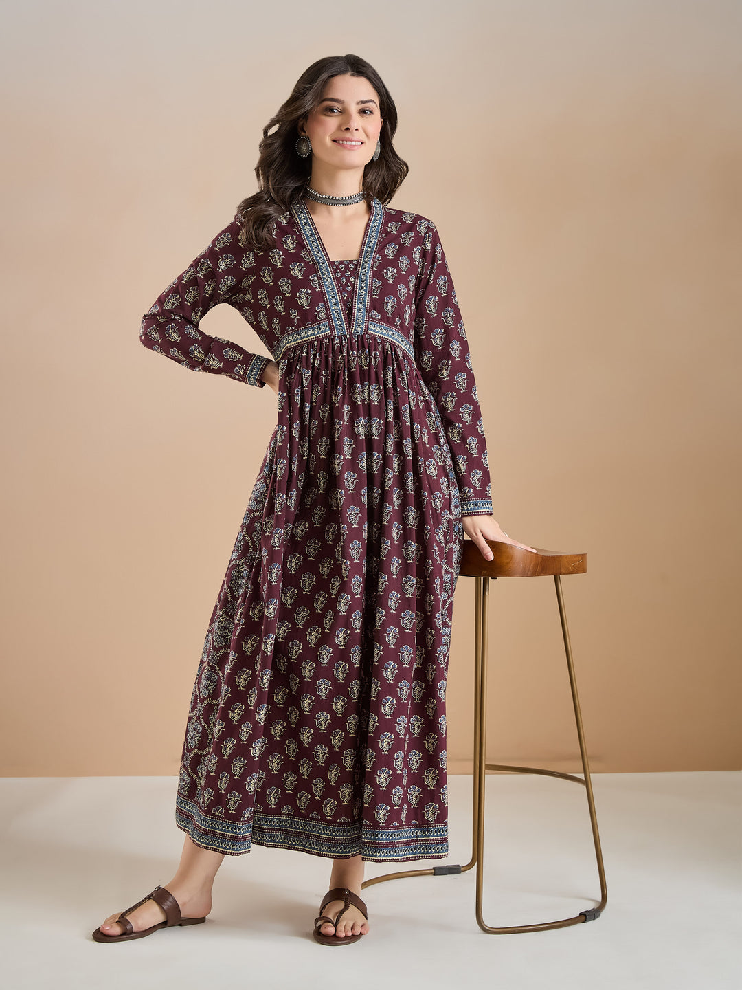 Divena Women Printed Pure Cotton A-Line Wine Anarkali Kurta