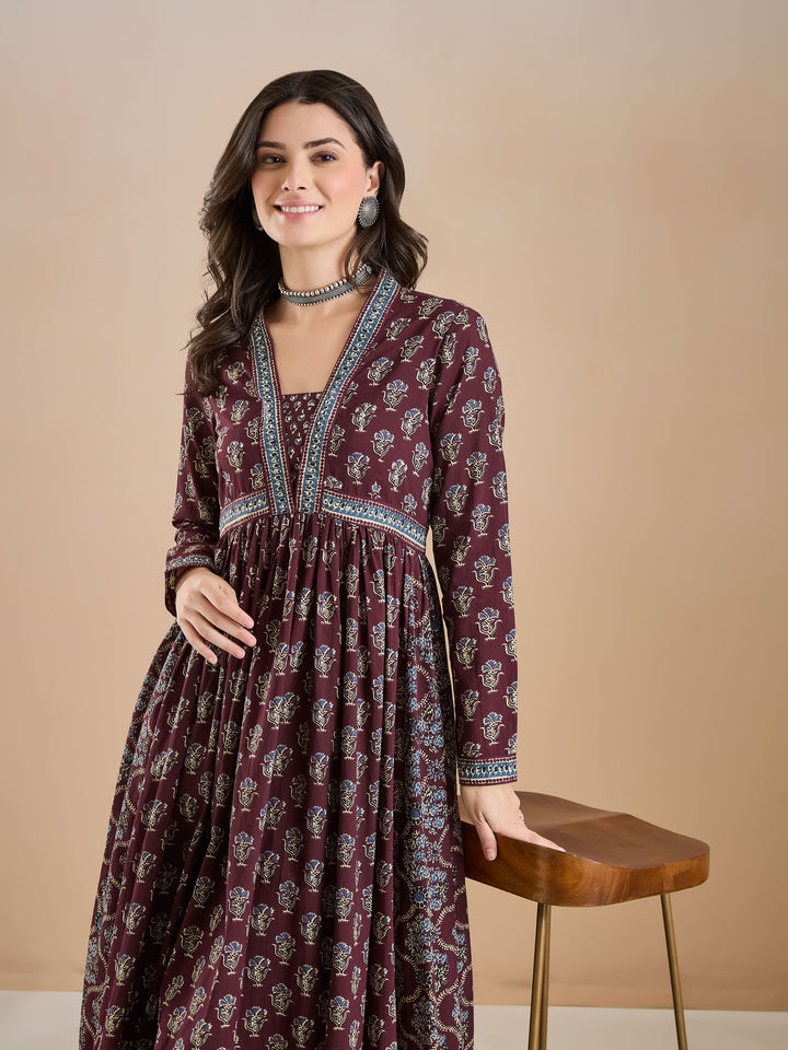 Divena Women Printed Pure Cotton A-Line Wine Anarkali Kurta