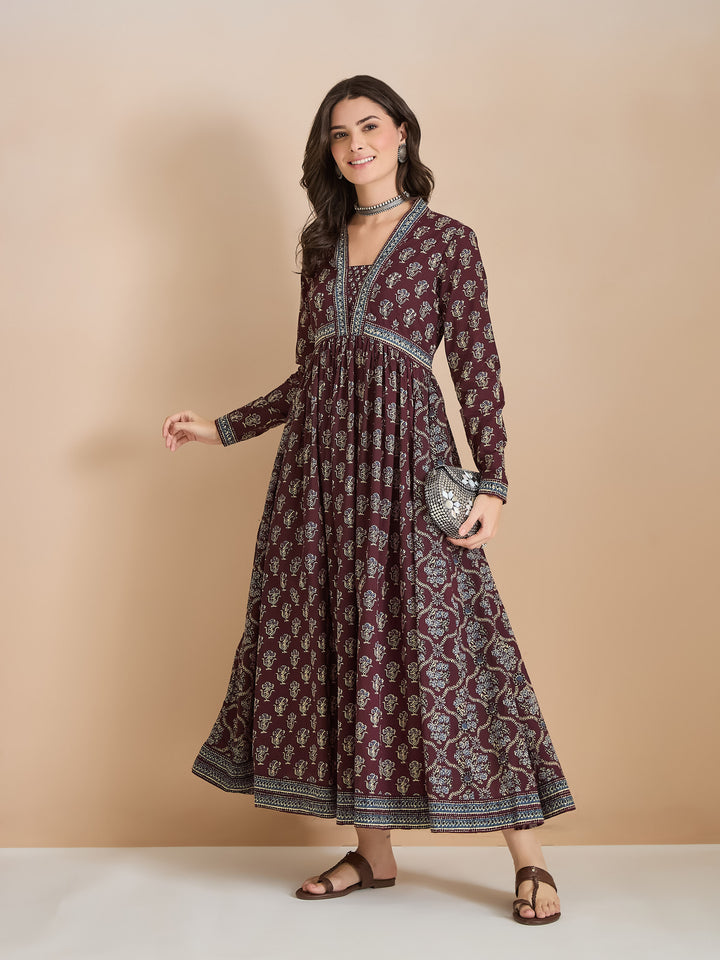 Divena Women Printed Pure Cotton A-Line Wine Anarkali Kurta