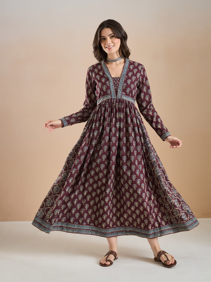 Divena Women Printed Pure Cotton A-Line Wine Anarkali Kurta