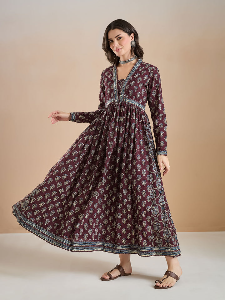 Divena Women Printed Pure Cotton A-Line Wine Anarkali Kurta