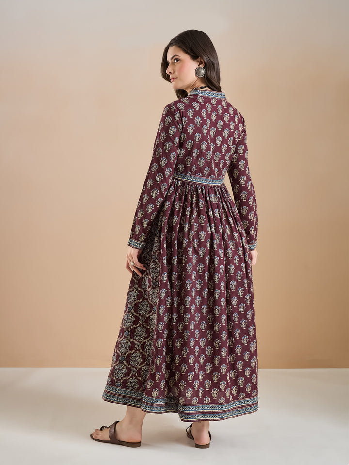 Divena Women Printed Pure Cotton A-Line Wine Anarkali Kurta