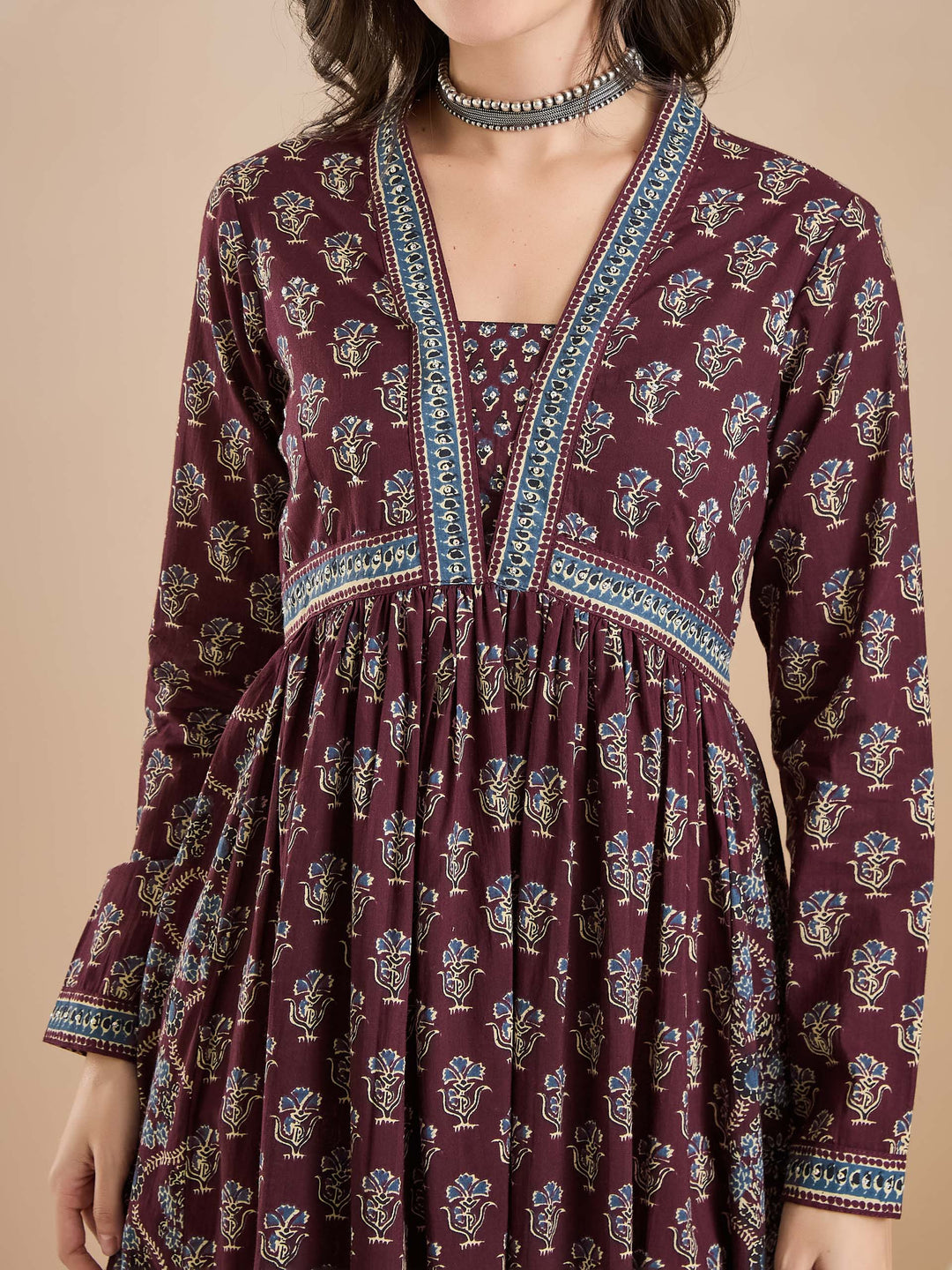 Divena Women Printed Pure Cotton A-Line Wine Anarkali Kurta