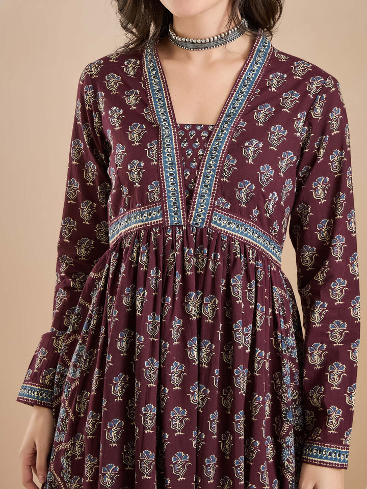 Divena Women Printed Pure Cotton A-Line Wine Anarkali Kurta