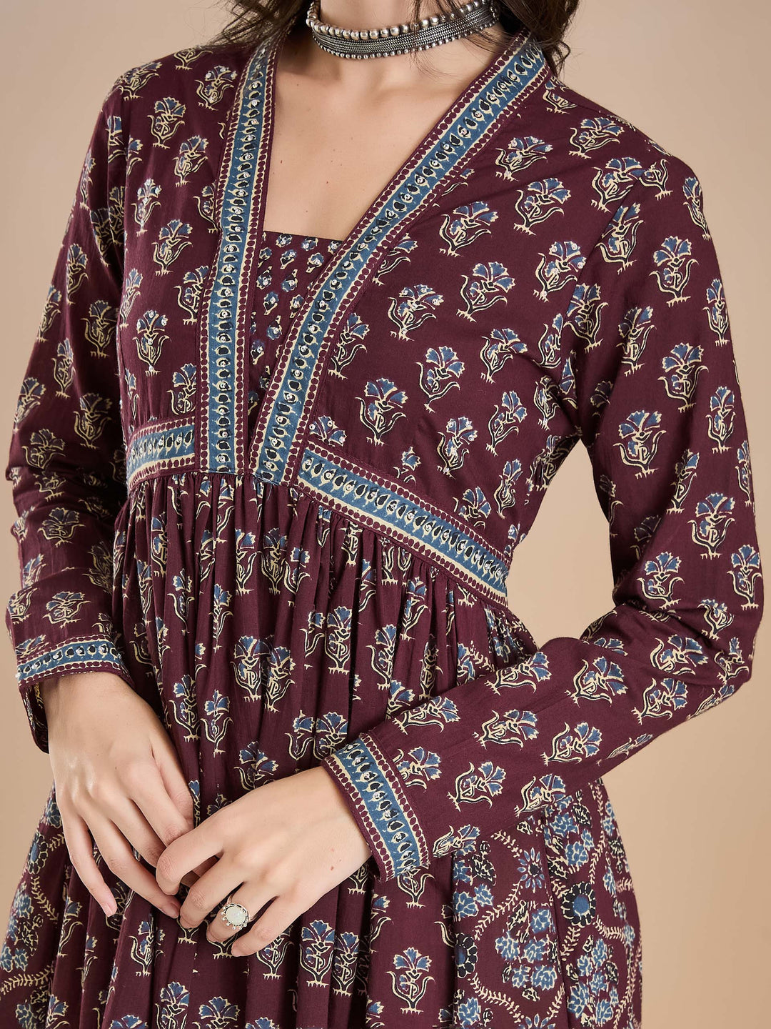 Divena Women Printed Pure Cotton A-Line Wine Anarkali Kurta