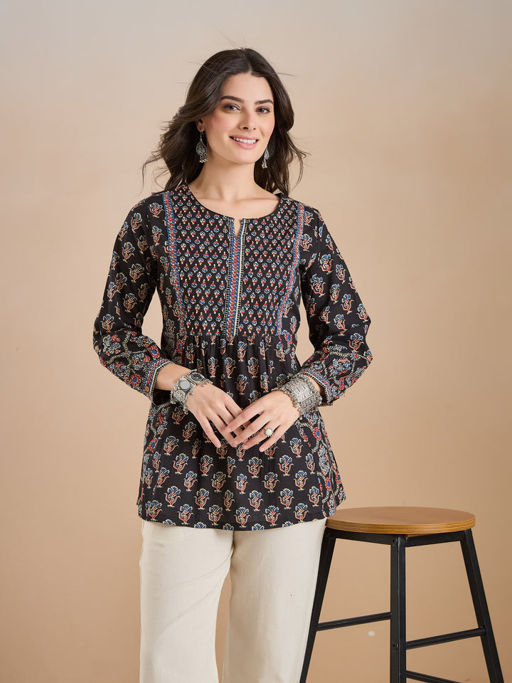 Divena Floral Print Cotton Peplum Fit Black Top