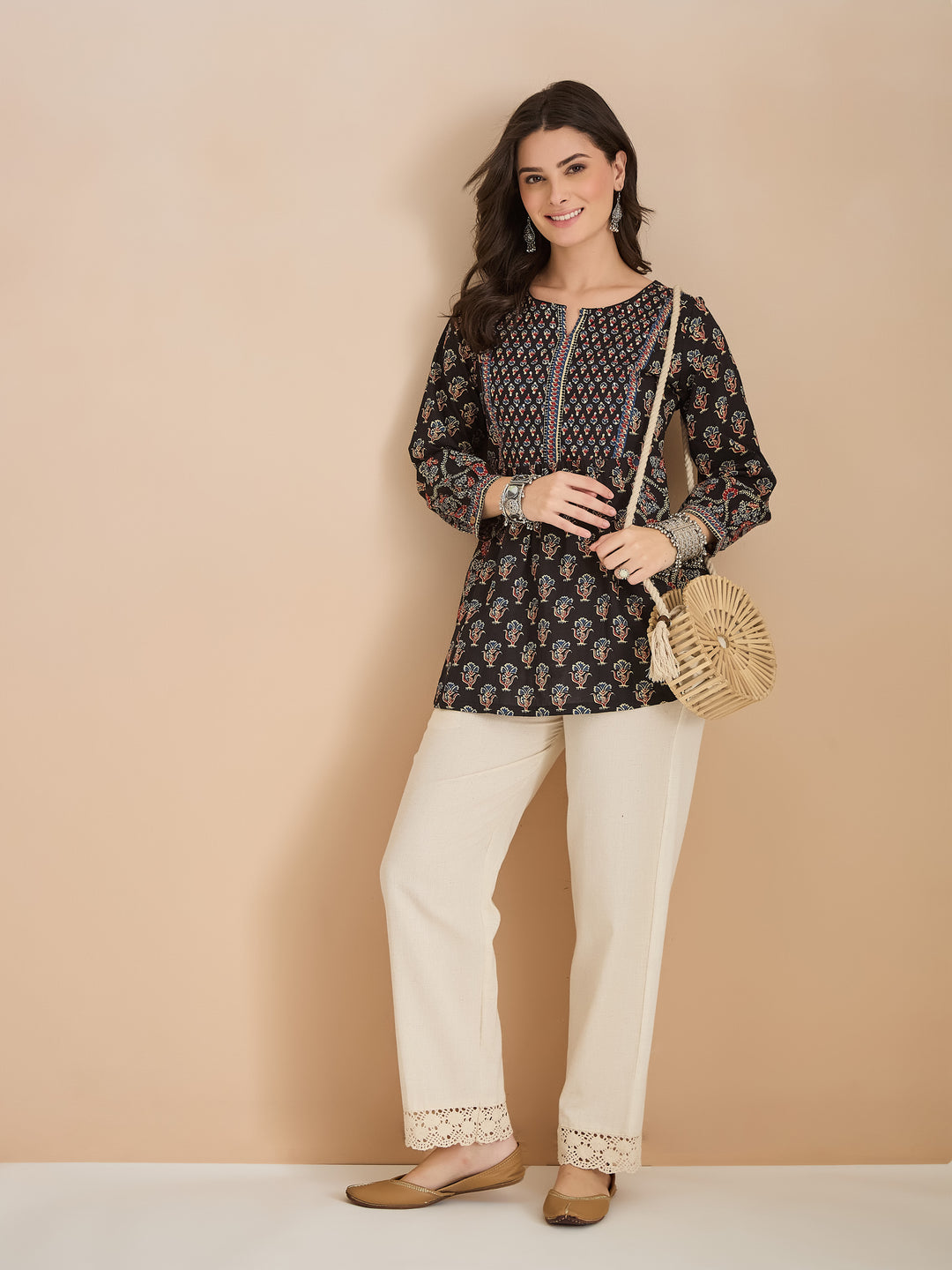 Divena Floral Print Cotton Peplum Fit Black Top