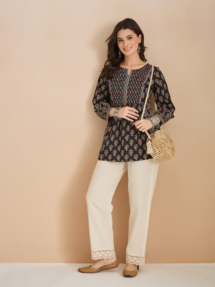 Divena Floral Print Cotton Peplum Fit Black Top