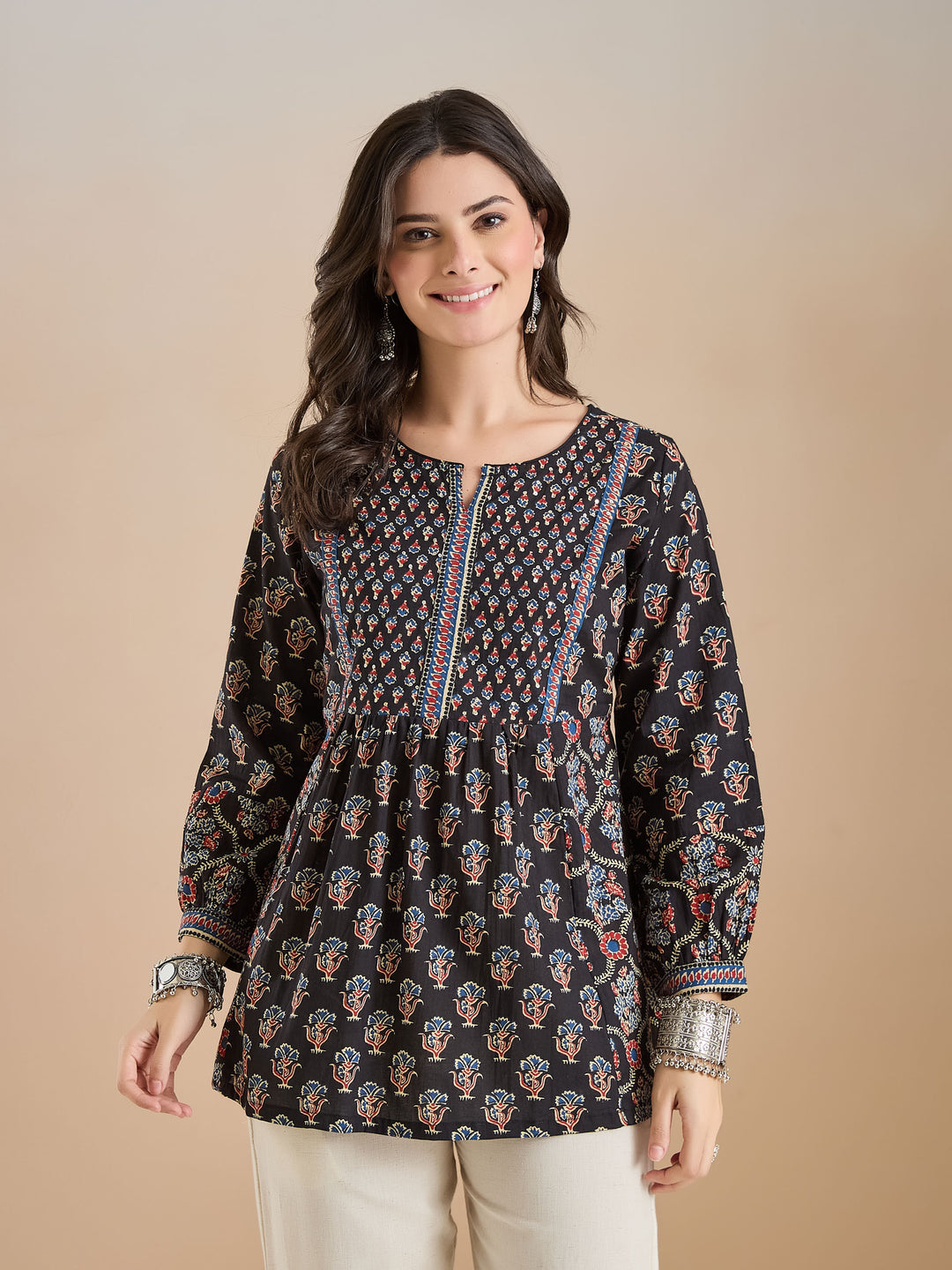 Divena Floral Print Cotton Peplum Fit Black Top