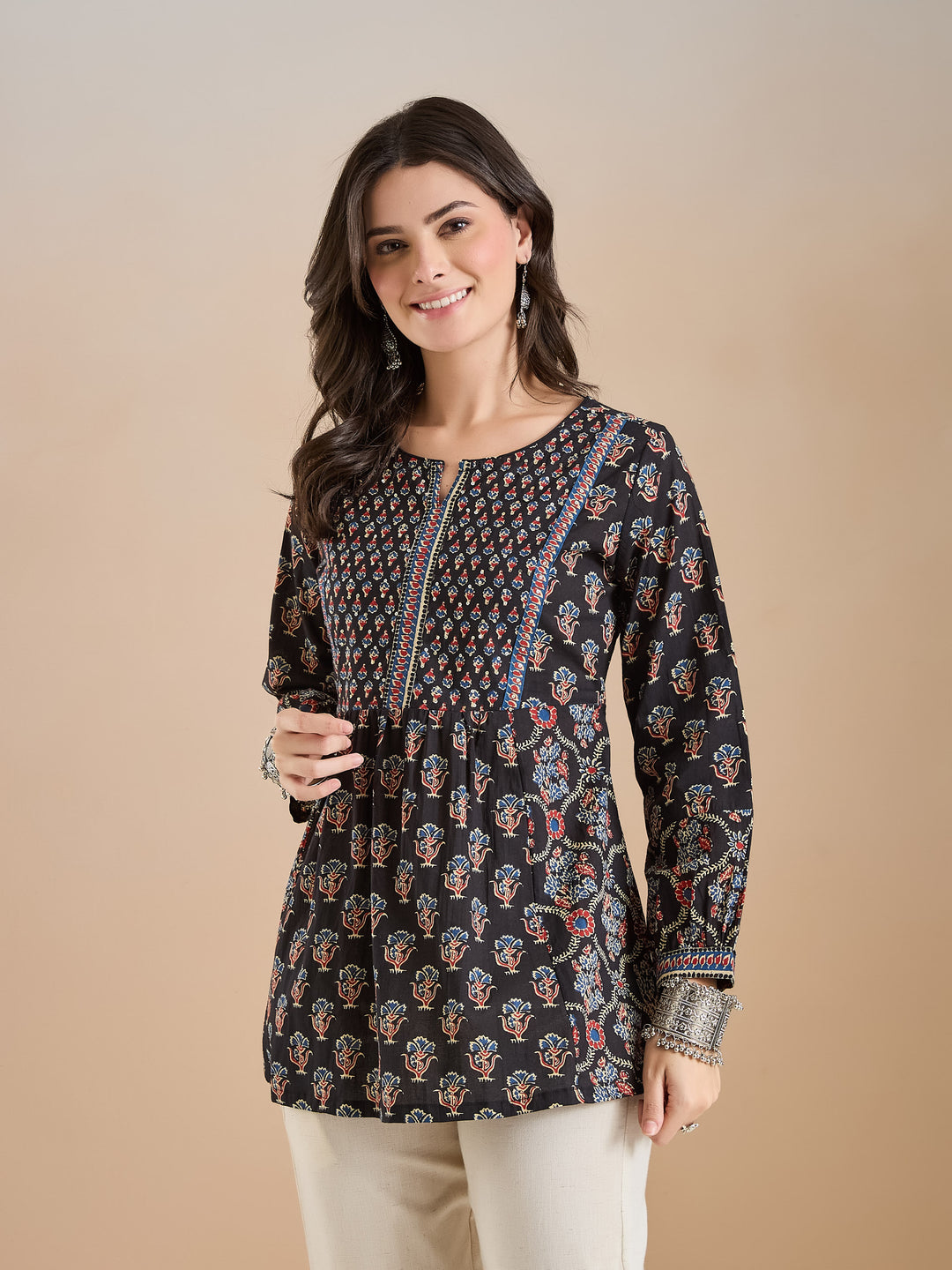 Divena Floral Print Cotton Peplum Fit Black Top