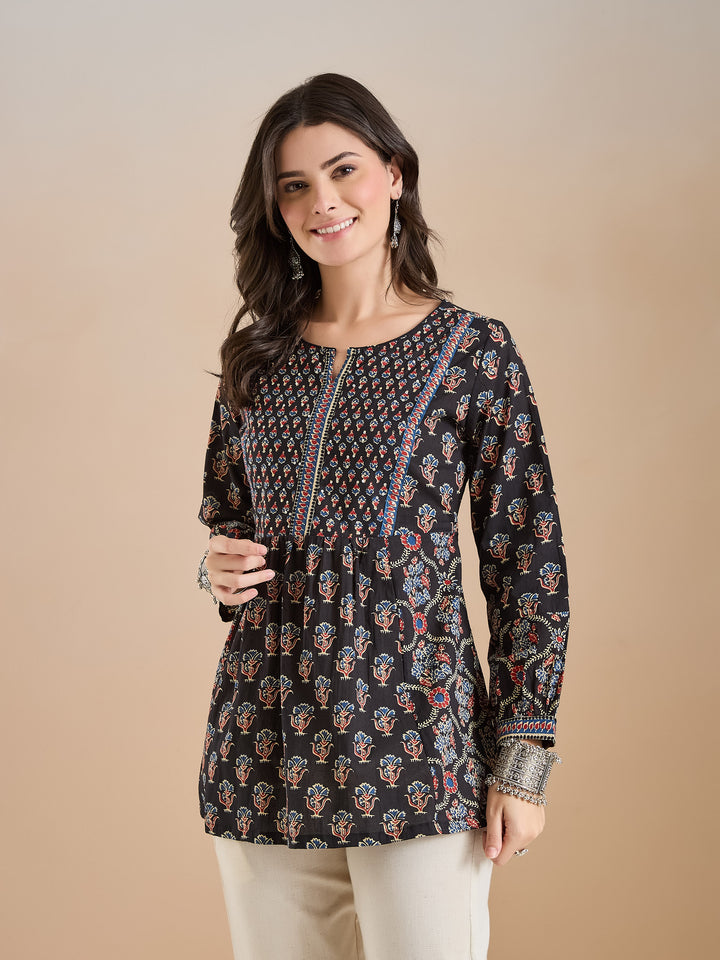 Divena Floral Print Cotton Peplum Fit Black Top