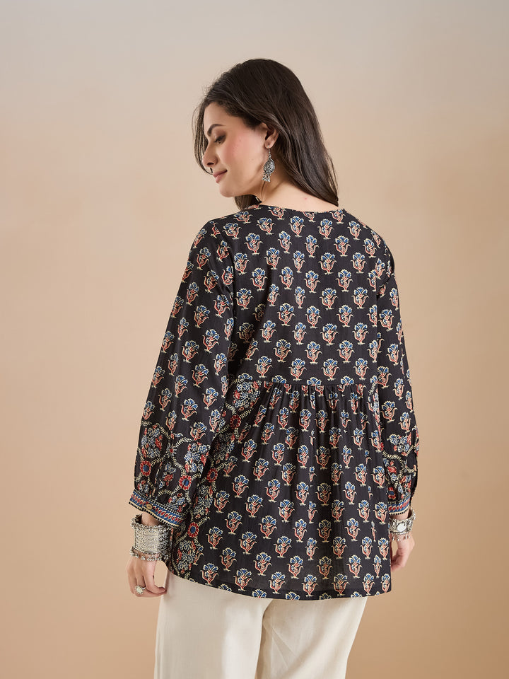 Divena Floral Print Cotton Peplum Fit Black Top
