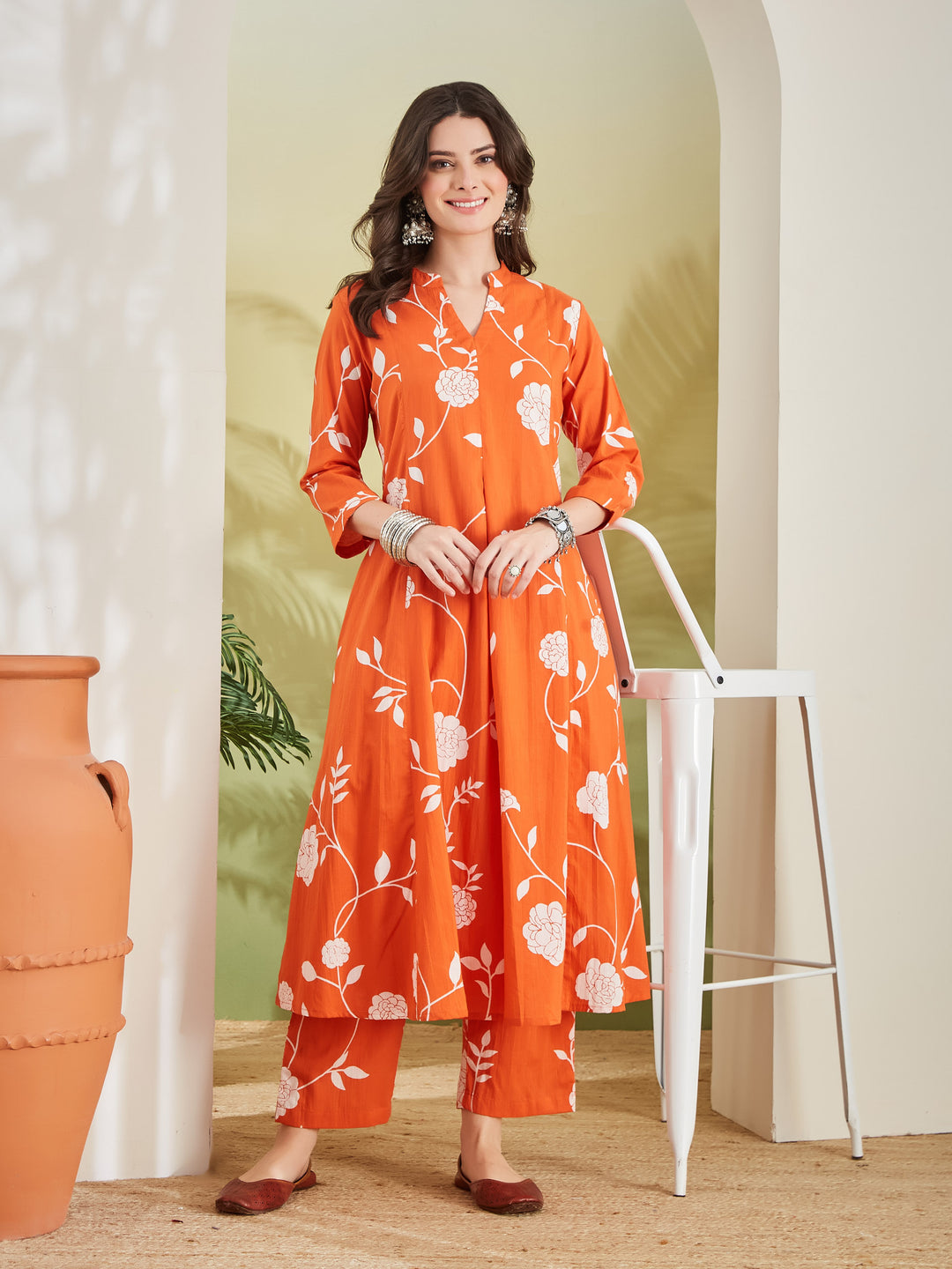 Divena Women Printed Pure Cotton A-Line Orange Anarkali Kurta With Pants