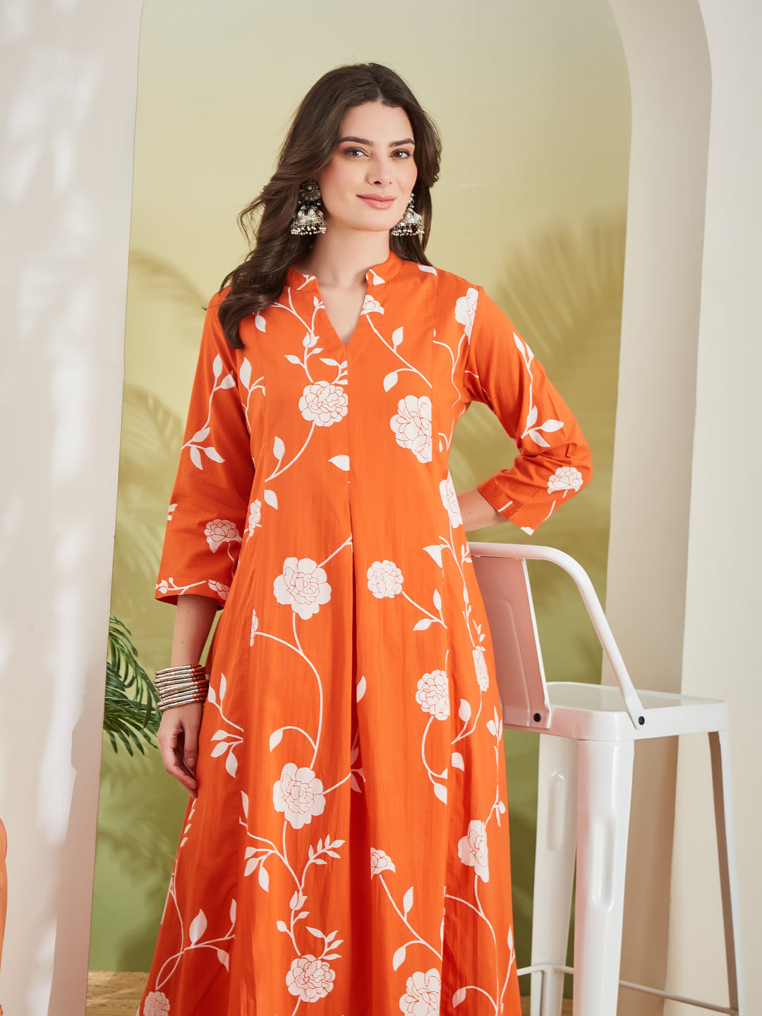 Divena Women Printed Pure Cotton A-Line Orange Anarkali Kurta With Pants