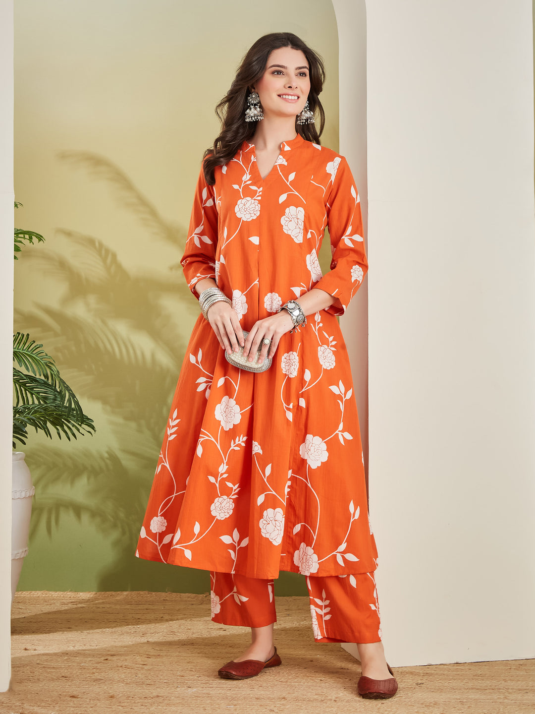 Divena Women Printed Pure Cotton A-Line Orange Anarkali Kurta With Pants