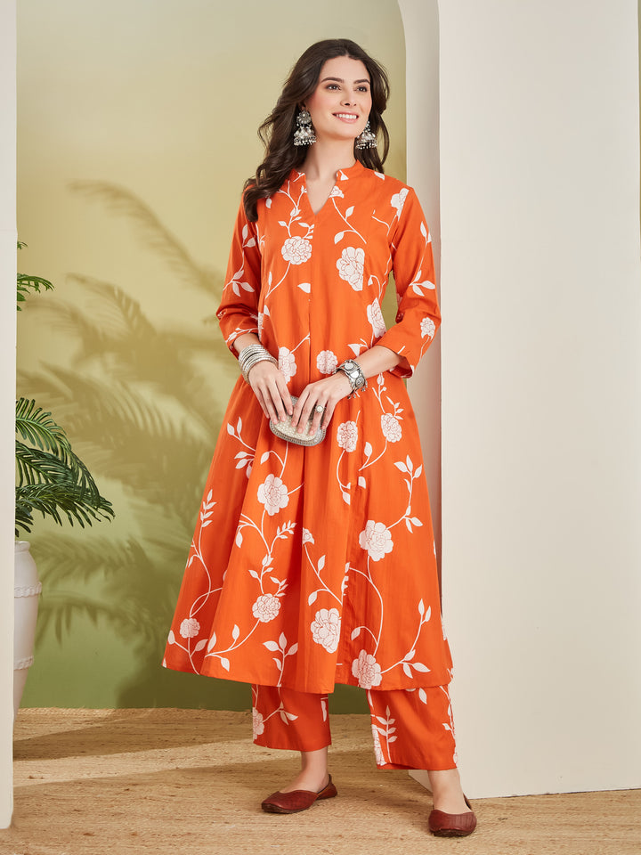 Divena Women Printed Pure Cotton A-Line Orange Anarkali Kurta With Pants