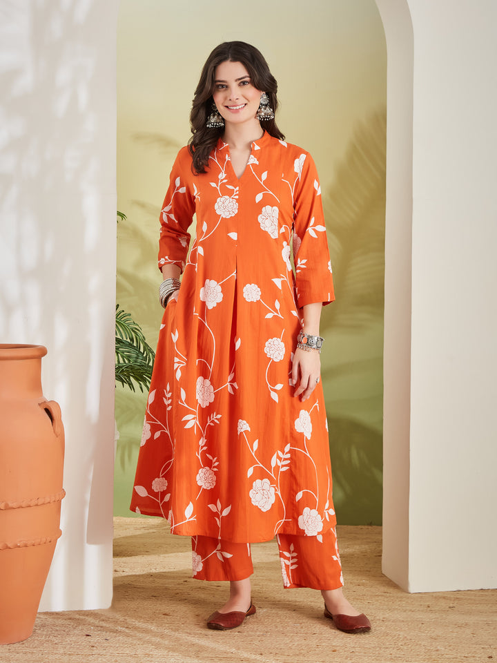 Divena Women Printed Pure Cotton A-Line Orange Anarkali Kurta With Pants