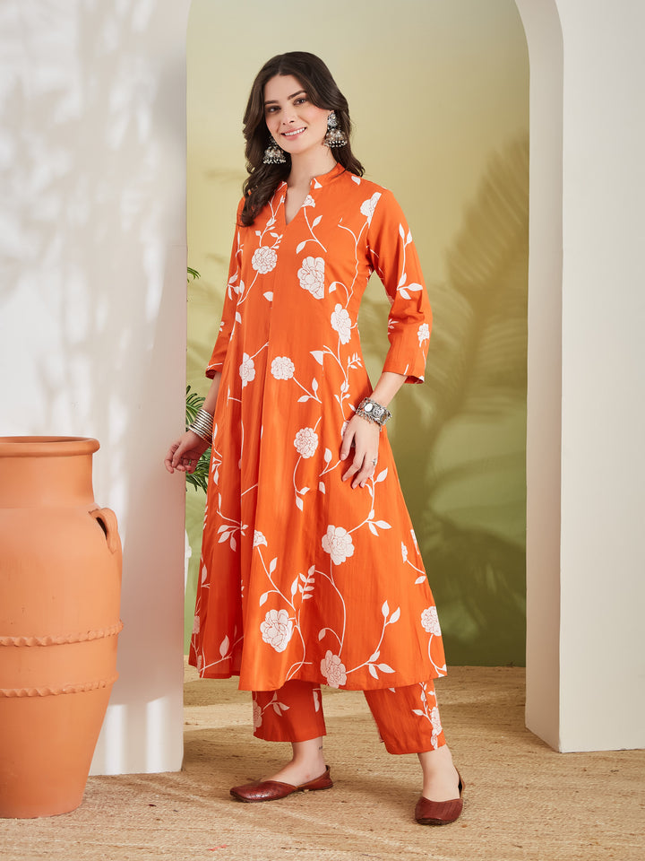 Divena Women Printed Pure Cotton A-Line Orange Anarkali Kurta With Pants
