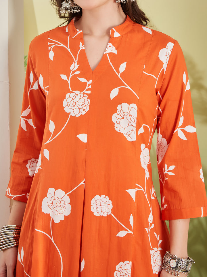 Divena Women Printed Pure Cotton A-Line Orange Anarkali Kurta With Pants