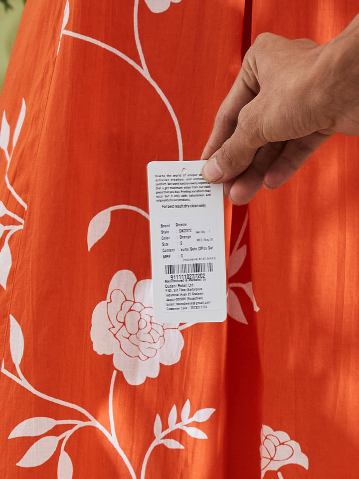 Divena Women Printed Pure Cotton A-Line Orange Anarkali Kurta With Pants