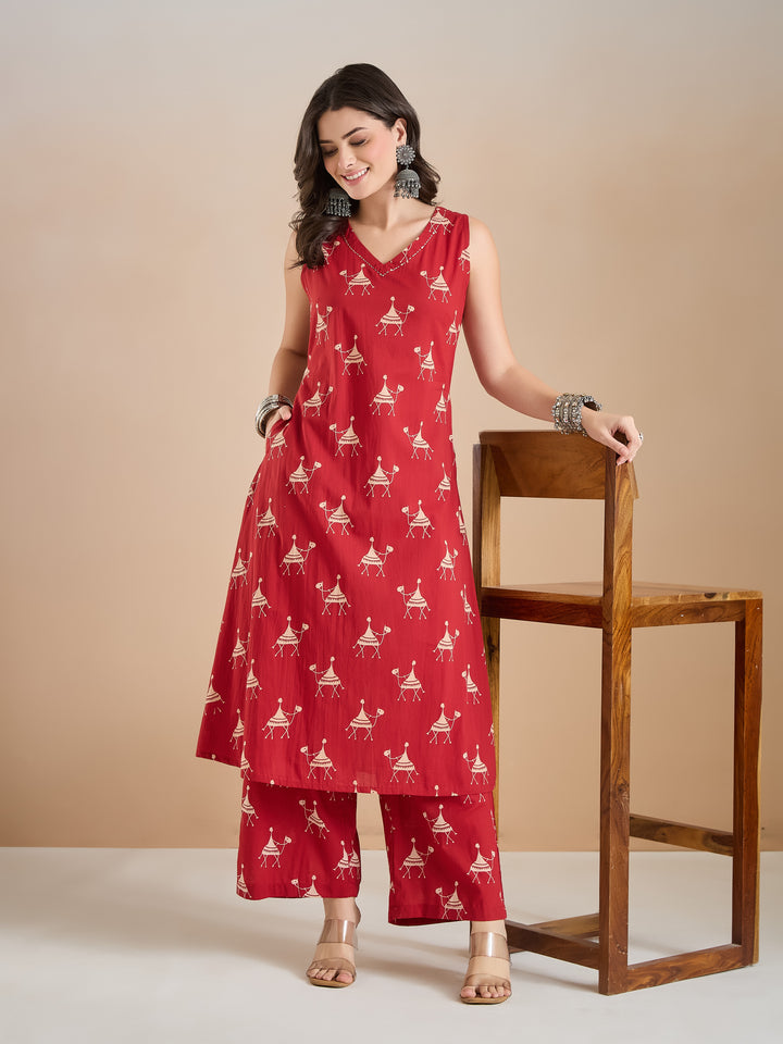 Divena Women Animal Print Pure Cotton Red A-Line Kurti with Pants